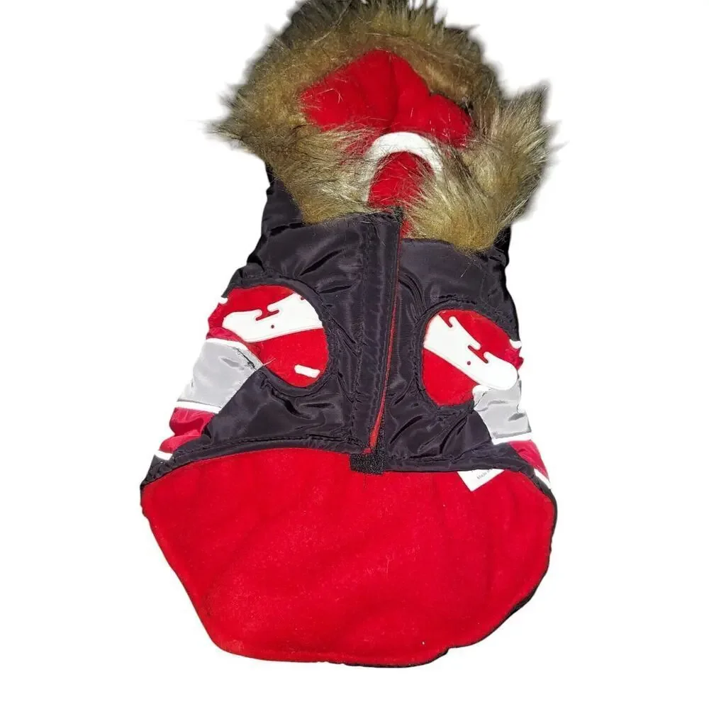 FASHION PET Diagonal Stripe Puffy Coat Red Gray Black XS With Faux Fur